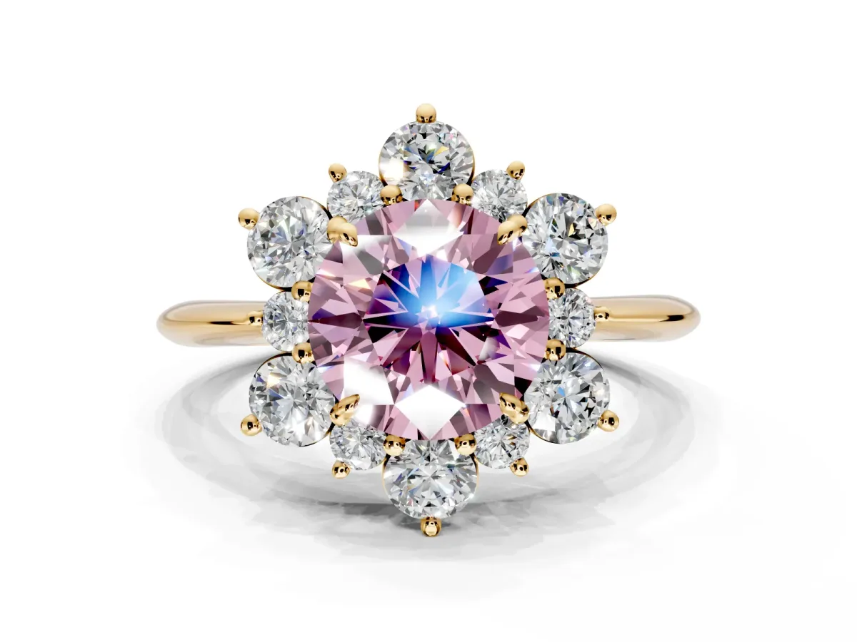 Small-Accent Cluster Halo Engagement Ring Setting for Fancy Pink Round Cut Center with Plain Band and Prong Head in Yellow Gold