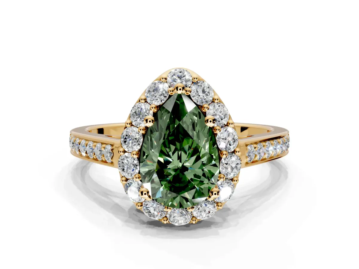 Floral Halo Engagement Ring Setting for Fancy Green Pear-Shaped Center with Large Halo Accents and Prong Head in Yellow Gold