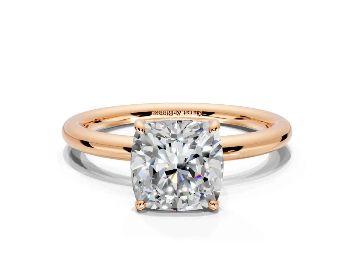Low-Set Solitaire Engagement Ring Setting for Cushion Cut Center with Thin Plain Band and Prong Head in Rose Gold