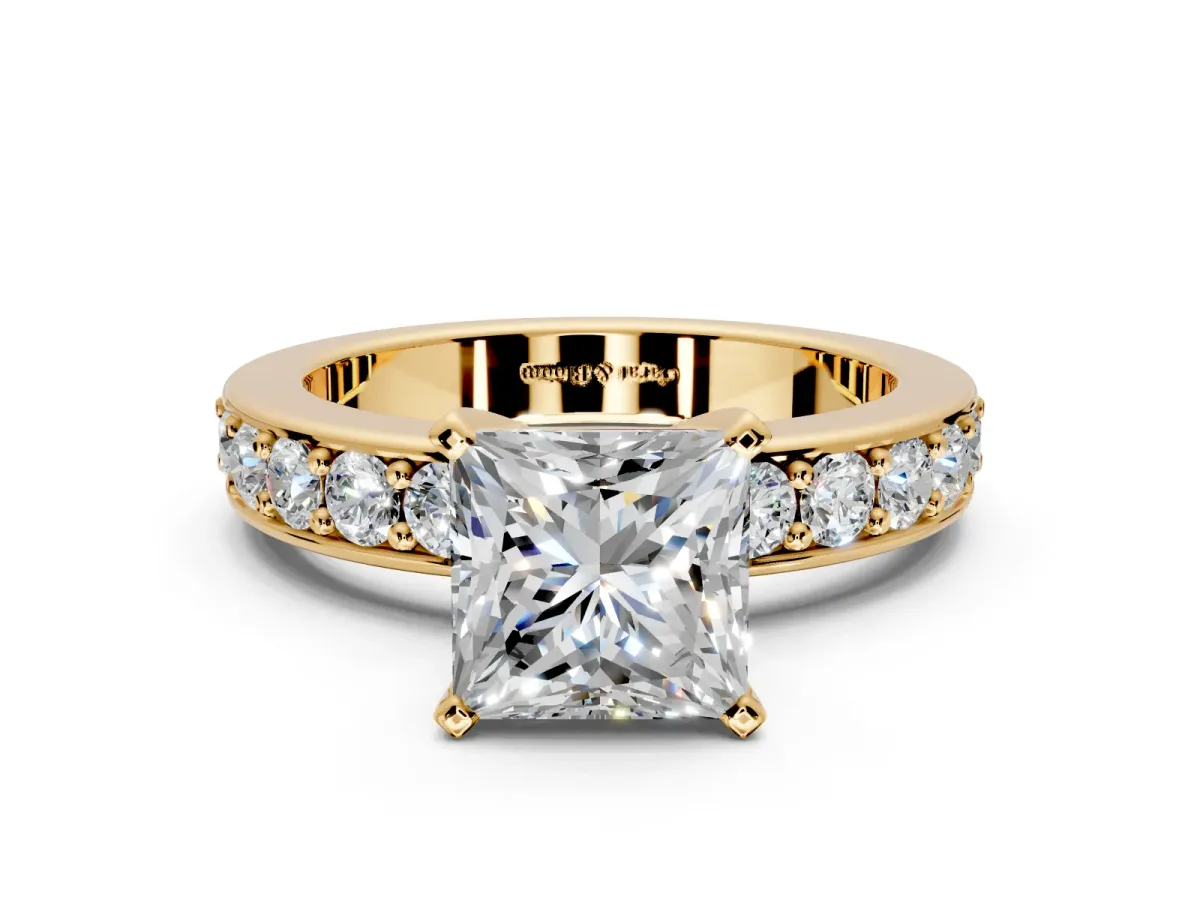 Solitaire Engagement Ring Setting for Princess Cut Center with Channel-Set Accents and Prong Head in Yellow Gold