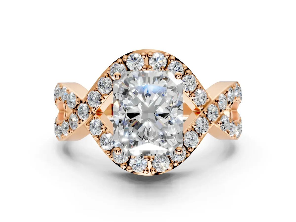 Halo Engagement Ring Setting for Radiant Cut Center with Pave Infinity Twist Band and Prong Head in Rose Gold