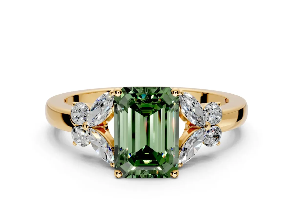 Solitaire Engagement Ring Setting for Fancy Green Emerald Cut Center with Marquise Flower Shoulders and Prong Head in Yellow Gold