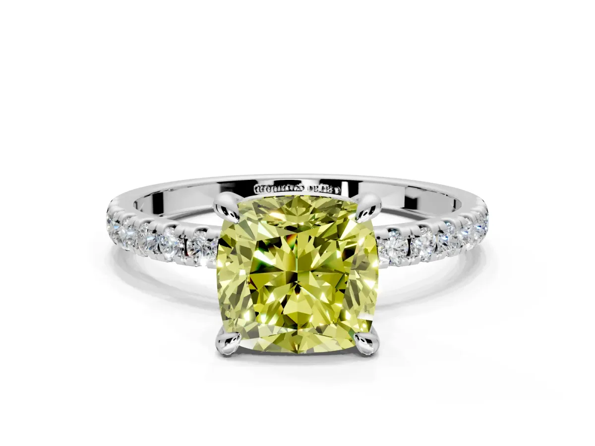 Solitaire Engagement Ring Setting for Fancy Yellow Cushion Cut Center with Fine Pave Narrow Band and Prong Head in Sterling Silver