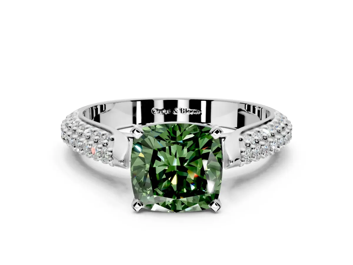 Solitaire Engagement Ring Setting for Fancy Green Cushion Cut Center with Multi-Row Accents and Prong Head in Platinum