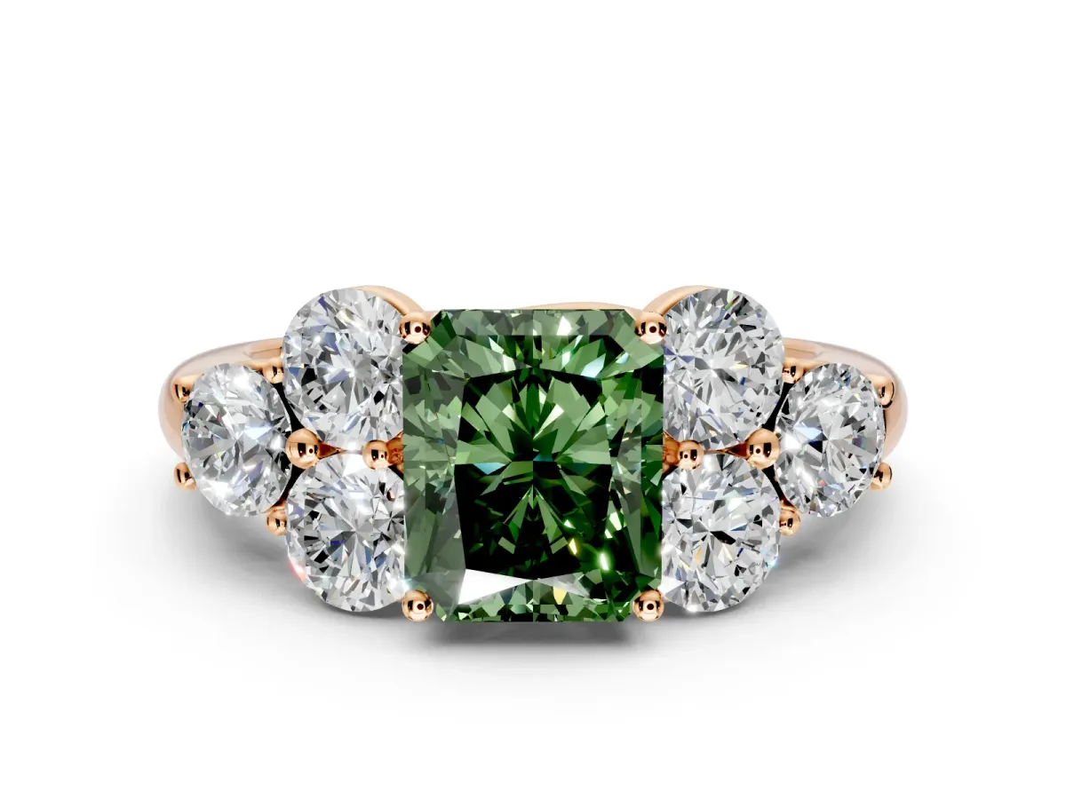 Cluster Engagement Ring Setting for Fancy Green Radiant Cut Center with Round Cut Accent Frame and Prong Head in Rose Gold