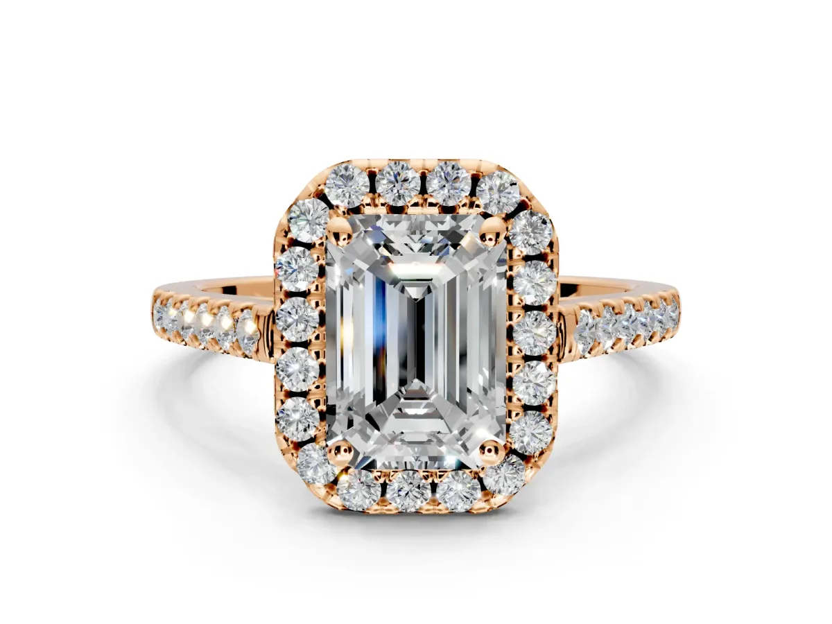 Halo Engagement Ring Setting for Emerald Cut Center with Raised Halo, Pave Band and Prong Head in Rose Gold