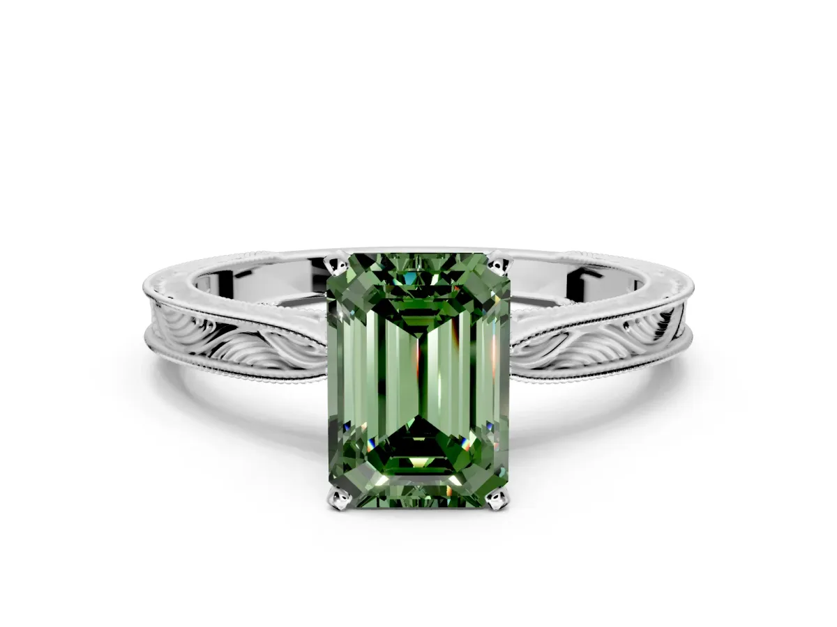 Solitaire Engagement Ring Setting for Fancy Green Emerald Cut Center with Engraved Milgrain Band and Prong Head in Platinum