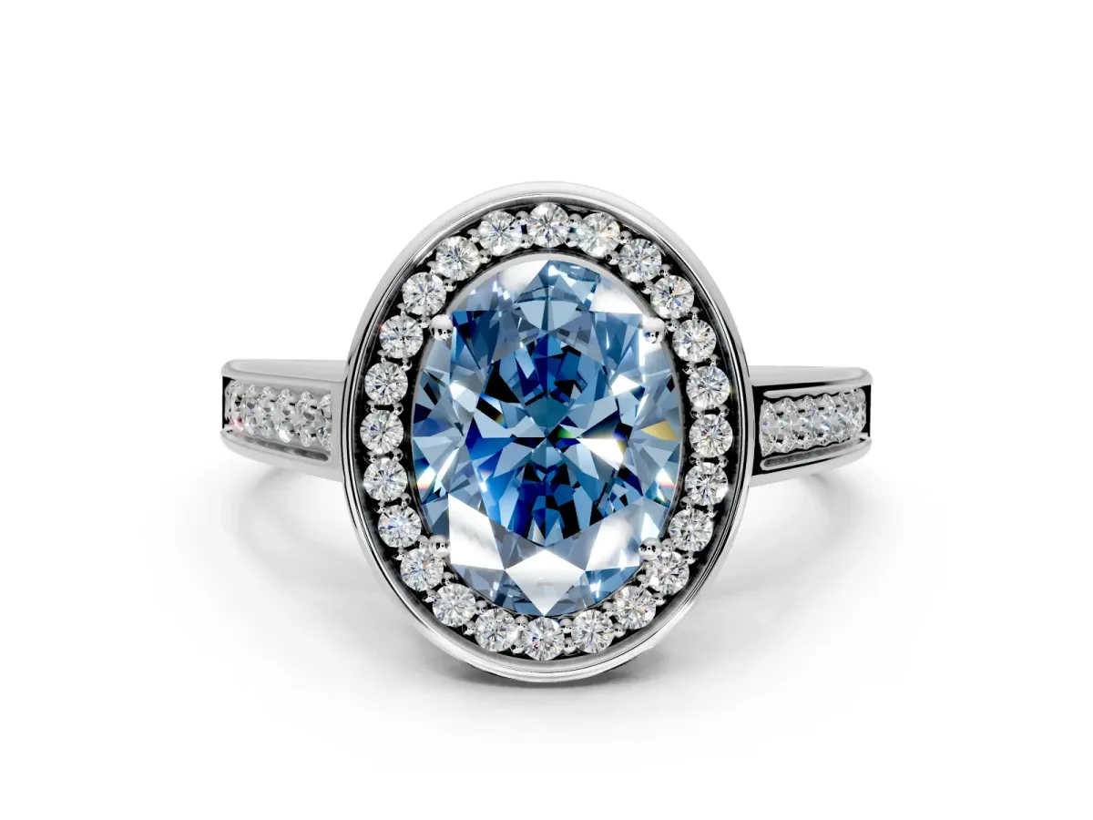 Halo Engagement Ring Setting for Fancy Blue Oval Center with Outer Bezel Rim, Pave Band and Prong Head in Platinum