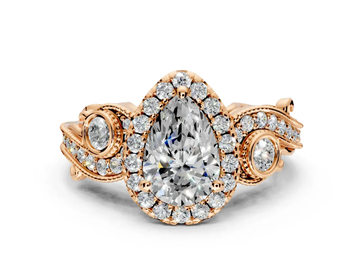 Milgrain Halo Engagement Ring Setting for Pear-Shaped Center with Shoulder Bezels and Prong Head in Rose Gold