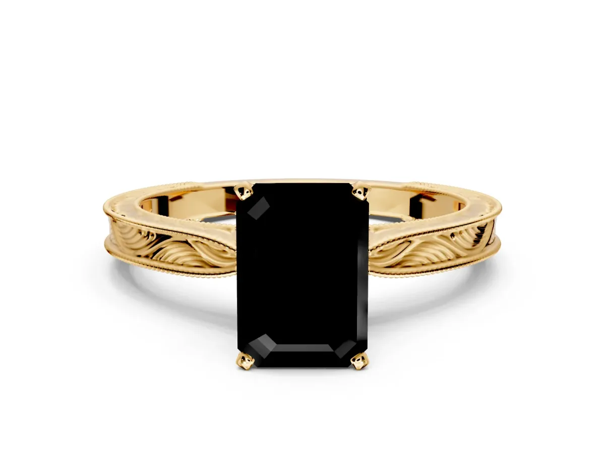 Solitaire Engagement Ring Setting for Fancy Black Emerald Cut Center with Engraved Milgrain Band and Prong Head in Yellow Gold