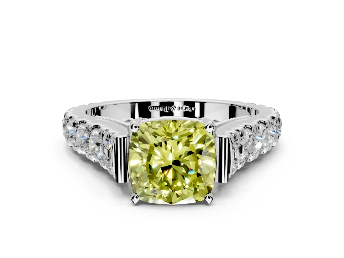 Solitaire Engagement Ring Setting for Fancy Yellow Cushion Cut Center with Pave Cathedral Shoulders and Prong Head in Platinum