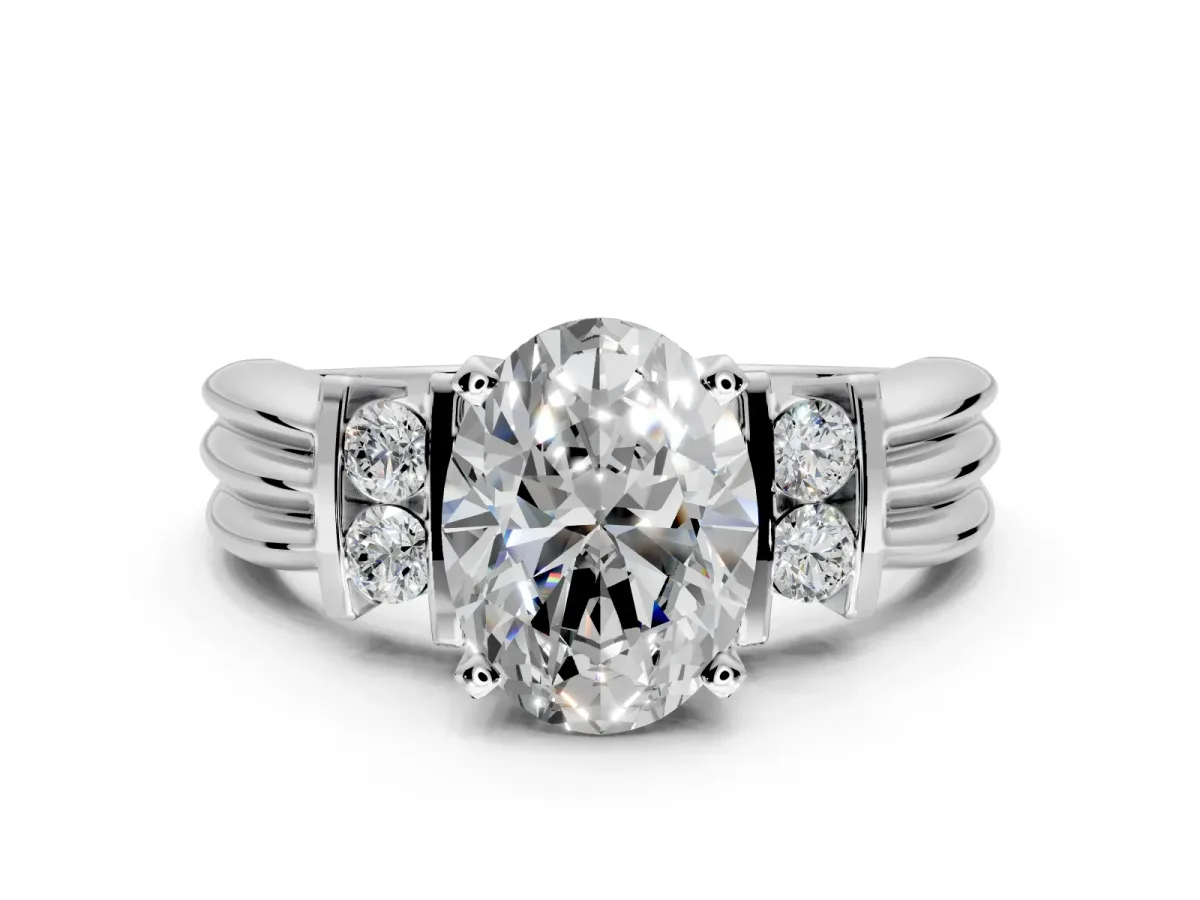 Solitaire Engagement Ring Setting for Oval Center with Grooved Bar Accent Band and Prong Head in Sterling Silver