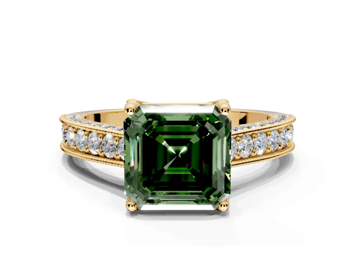 Solitaire Engagement Ring Setting for Fancy Green Asscher Cut Center with Milgrain-Framed Pave Band and Prong Head in Yellow Gold