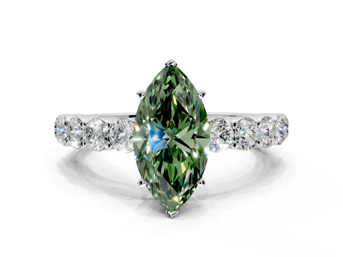 Shared-Prong Engagement Ring Setting for Fancy Green Marquise Center with Graduated Accents and Prong Head in Platinum