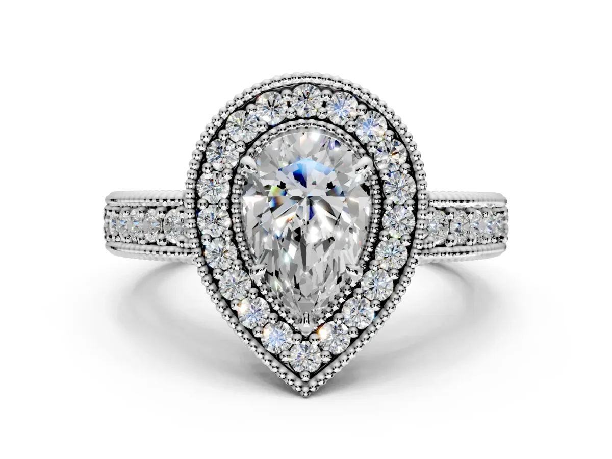 Milgrain Halo Engagement Ring Setting for Pear-Shaped Center with Pave Band and Prong Head in Sterling Silver