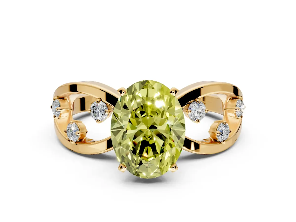 Solitaire Engagement Ring Setting for Fancy Yellow Oval Center with Criss-Cross Accent Band and Prong Head in Yellow Gold