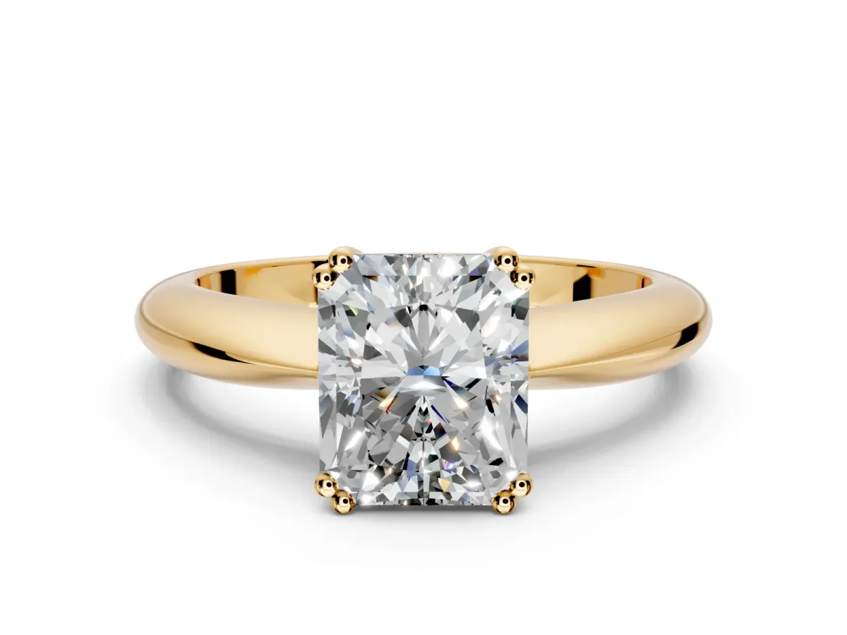 Solitaire Engagement Ring Setting for Radiant Cut Center with Reverse Tapered Band and Prong Head in Yellow Gold