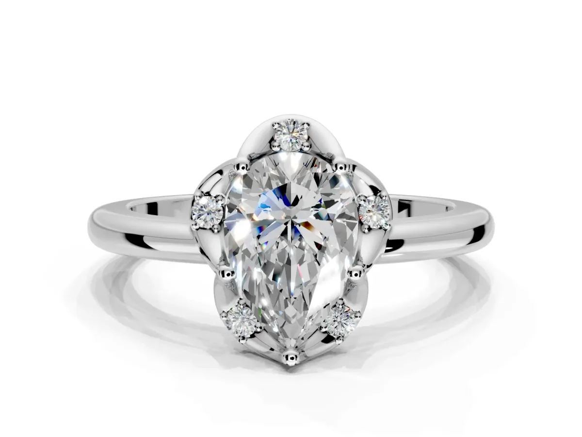 Floral Frame Engagement Ring Setting for Pear-Shaped Center with Accent Clusters and Prong Head in Sterling Silver