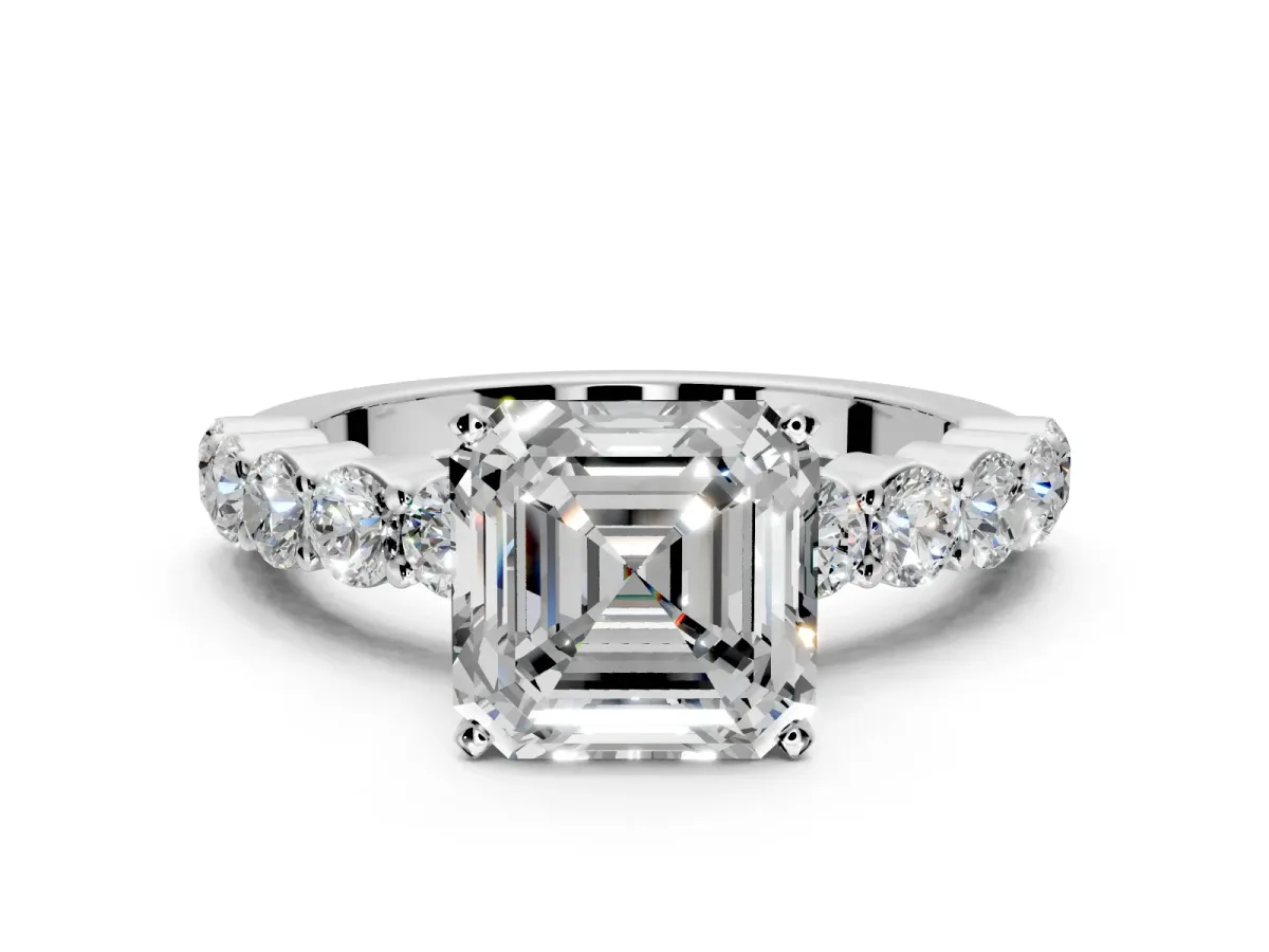 Shared-Prong Engagement Ring Setting for Asscher Cut Center with Graduated Accents and Prong Head in White Gold