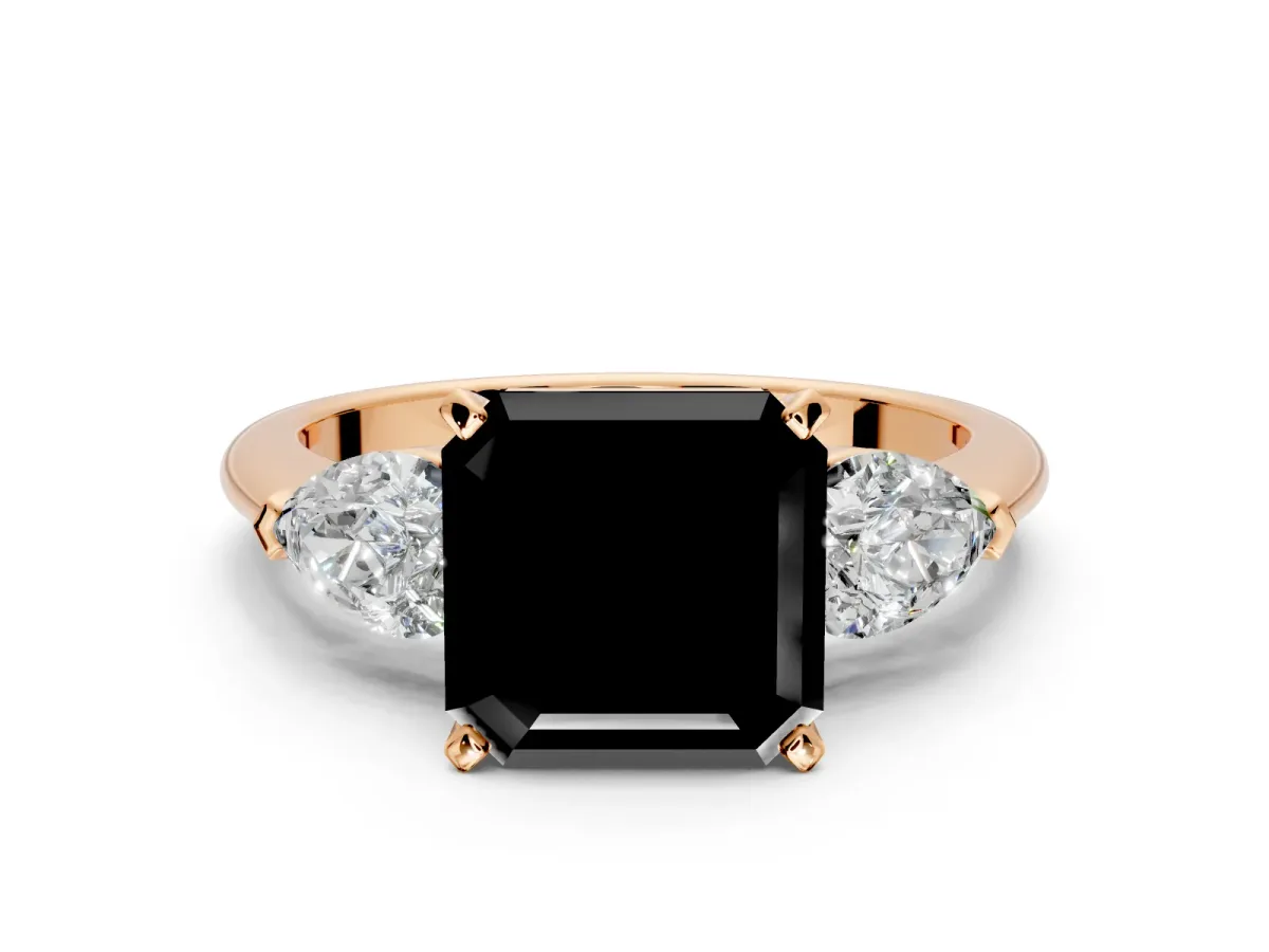 3 Stone Engagement Ring Setting for Fancy Black Asscher Cut Center with Large Pear-Shaped Accents and Prong Head in Rose Gold