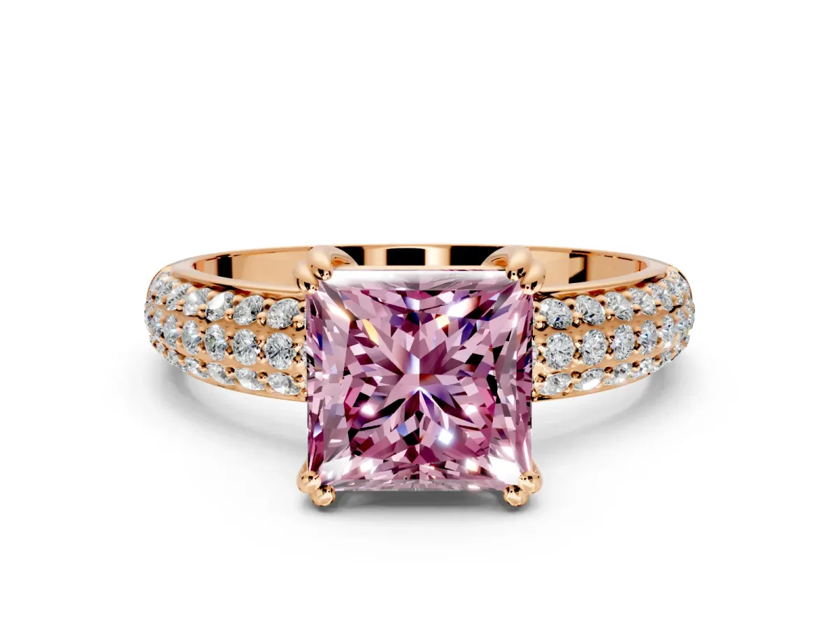 Solitaire Engagement Ring Setting for Fancy Pink Princess Cut Center with Multi-Row Pave Accents and Basket Head in Rose Gold
