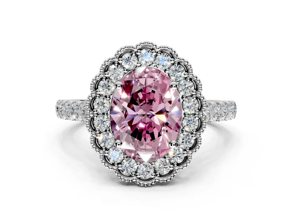 Milgrain Floral Halo Engagement Ring Setting for Fancy Pink Oval Center with Pave Band and Prong Head in Platinum