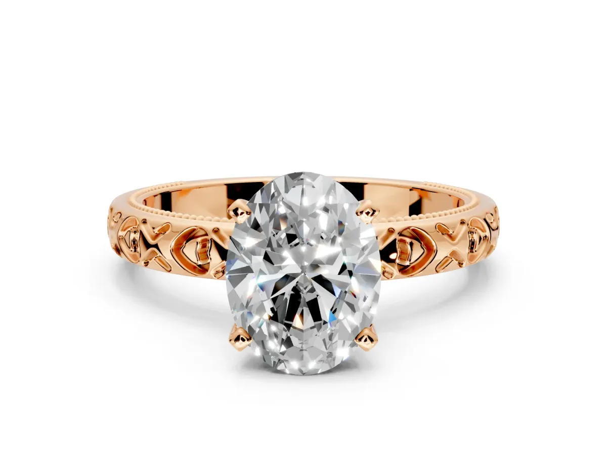 Solitaire Engagement Ring Setting for Oval Center with XO Engraved Band and Prong Head in Rose Gold