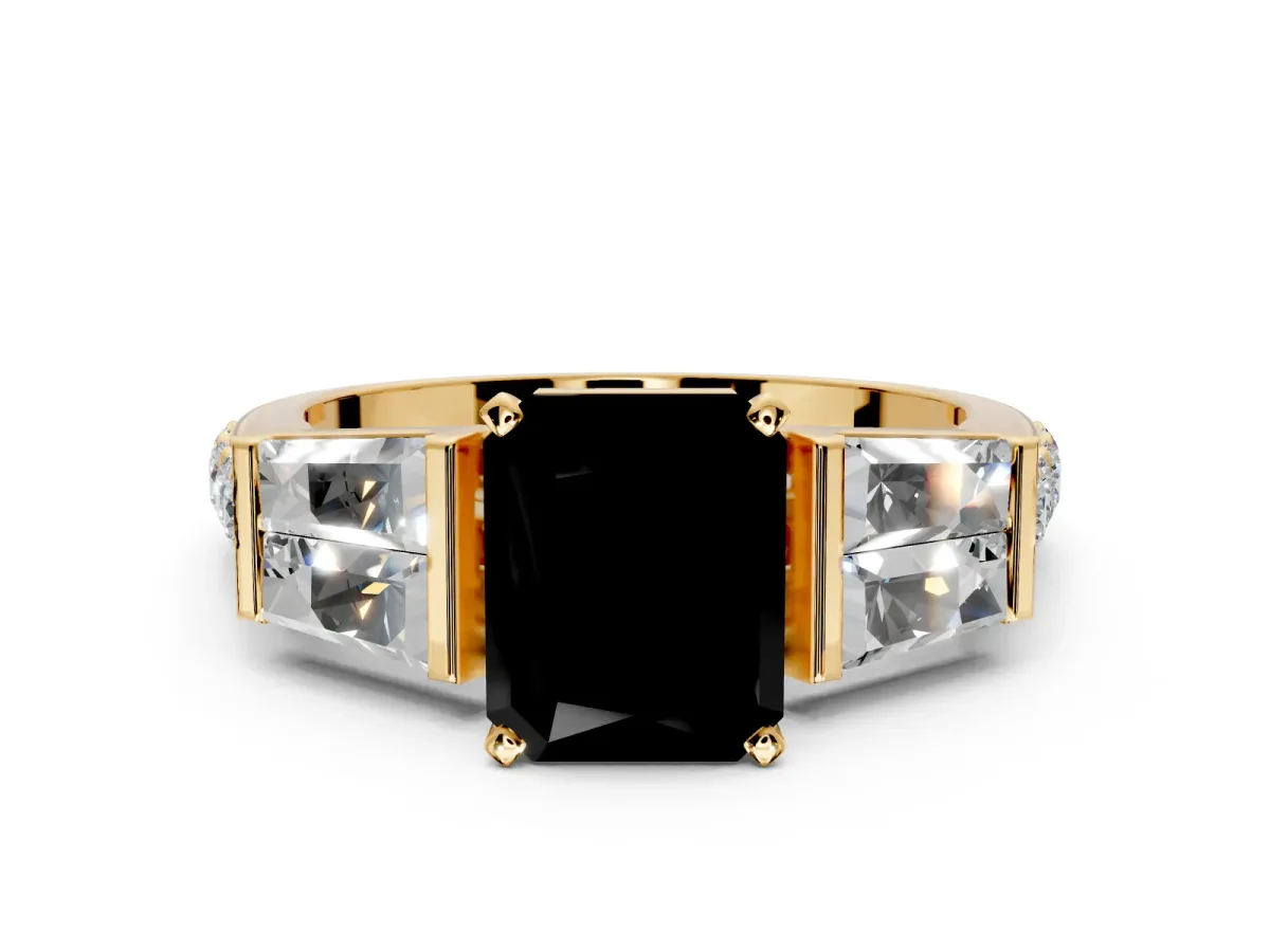 Channel-Set Engagement Ring Setting for Fancy Black Radiant Cut Center with Baguette Band and Prong Head in Yellow Gold