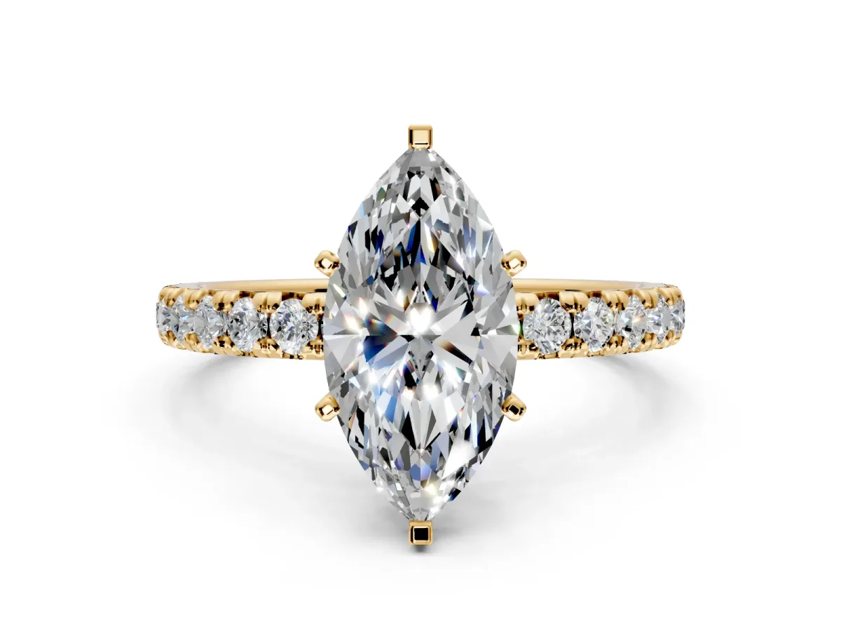 Solitaire Engagement Ring Setting for Marquise Center with Shared-Prong Accents and Prong Head in Yellow Gold