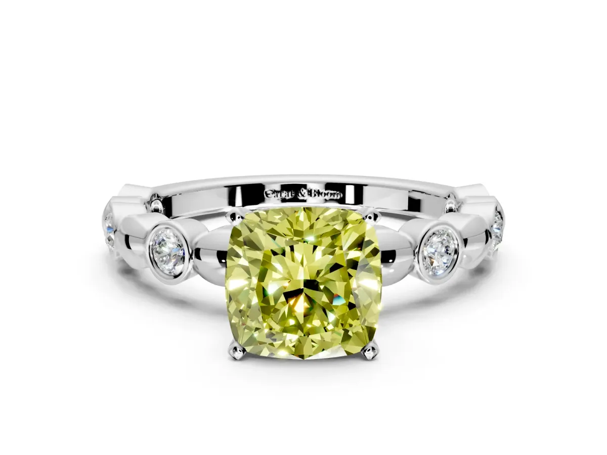 Solitaire Engagement Ring Setting for Fancy Yellow Cushion Cut Center with Beaded Bezel Station Band and Prong Head in White Gold