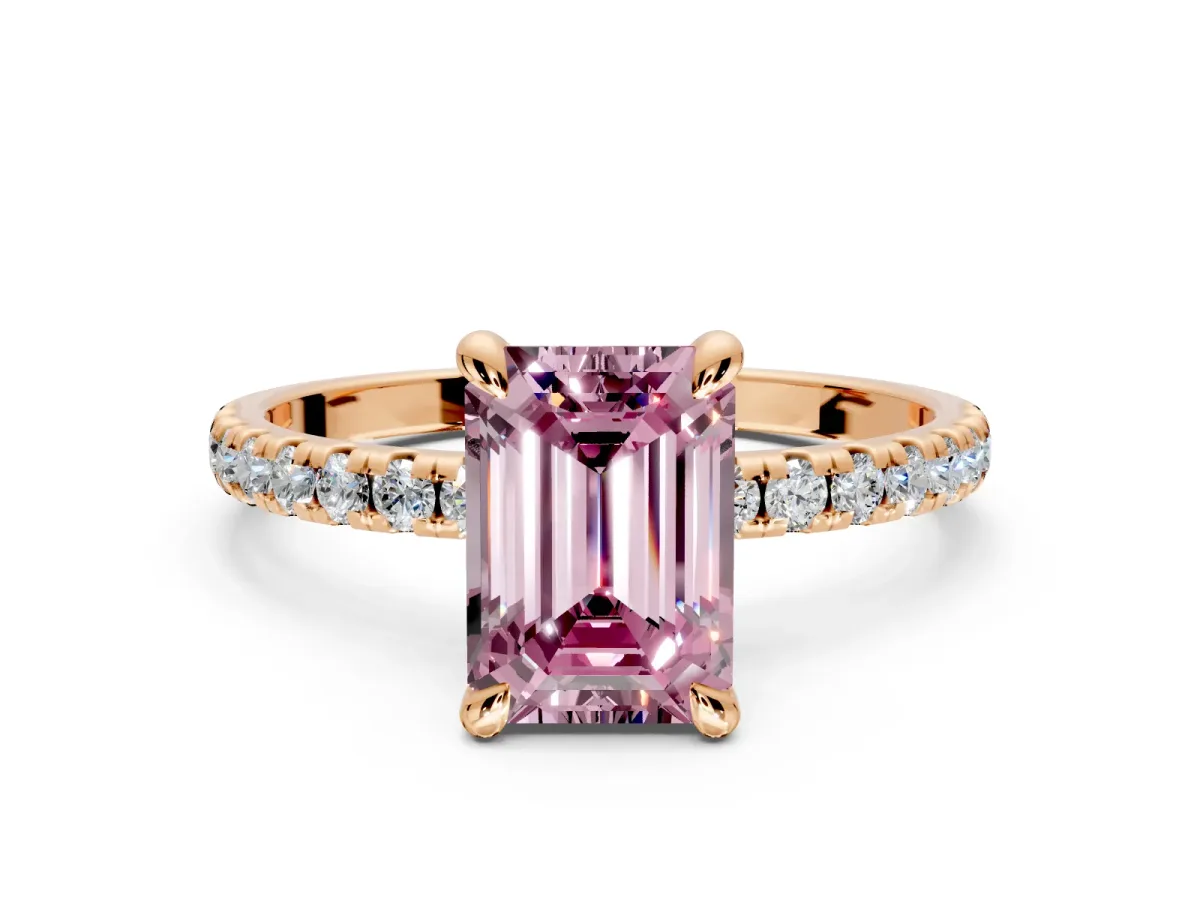 Solitaire Engagement Ring Setting for Fancy Pink Emerald Cut Center with Fine Pave Narrow Band and Prong Head in Rose Gold