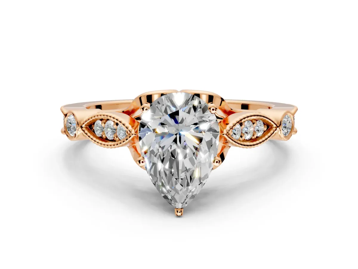Solitaire Engagement Ring Setting for Pear-Shaped Center with Marquise and Bezel Accents and Prong Head in Rose Gold
