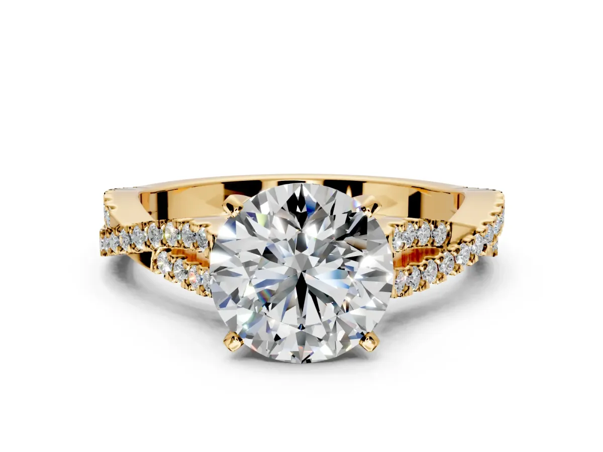 Solitaire Engagement Ring Setting for Round Cut Center with Twisted Pave Split Shank and Prong Head in Yellow Gold
