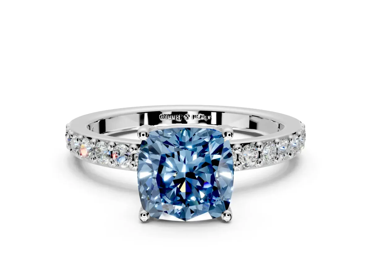 Solitaire Engagement Ring Setting for Fancy Blue Cushion Cut Center with Round Cut Pave Band and Prong Head in White Gold
