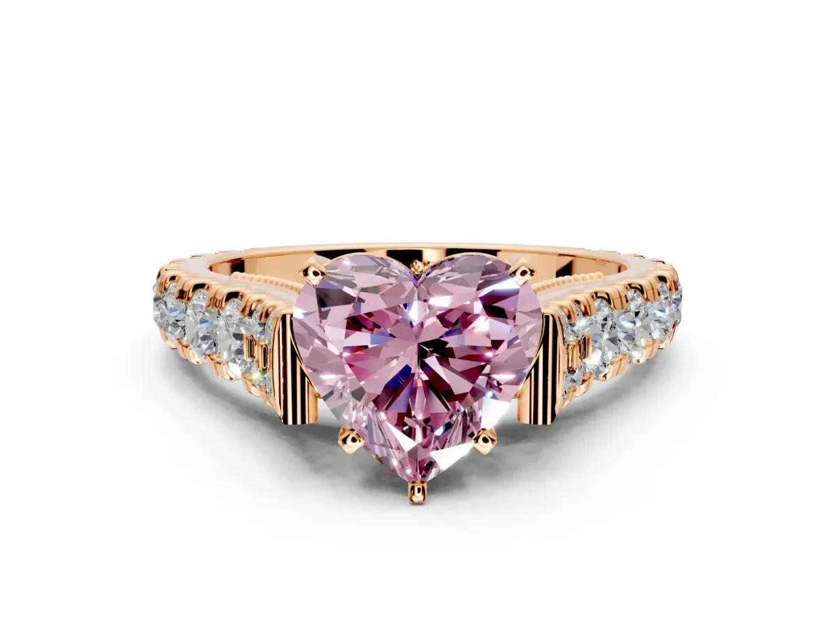 Solitaire Engagement Ring Setting for Fancy Pink Heart-Shaped Center with Pave Cathedral Shoulders and Prong Head in Rose Gold