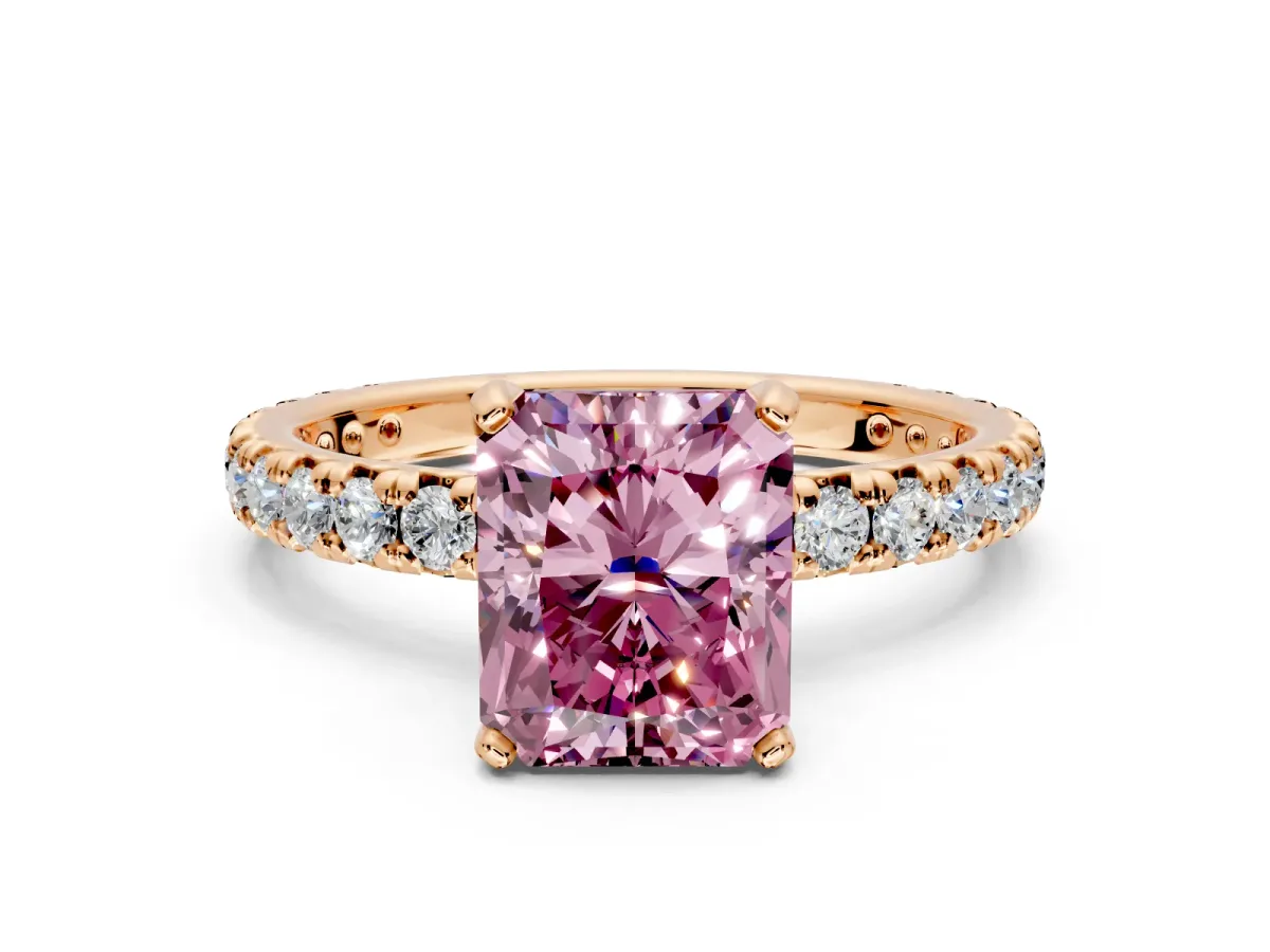 Solitaire Engagement Ring Setting for Fancy Pink Radiant Cut Center with Shared-Prong Accents and Prong Head in Rose Gold