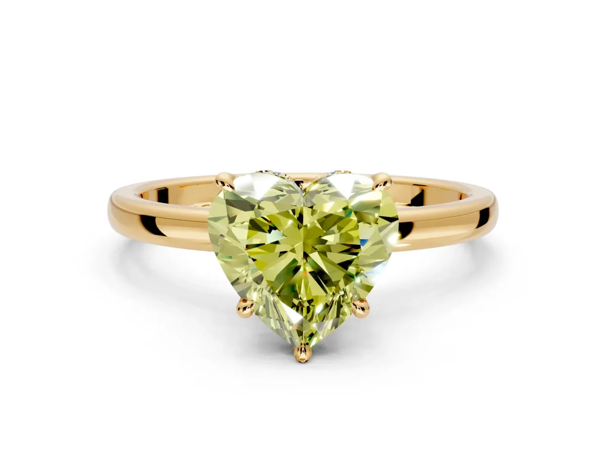 Hidden Halo Engagement Ring Setting for Fancy Yellow Heart-Shaped Center with Plain Band and Tall Prong Head in Yellow Gold