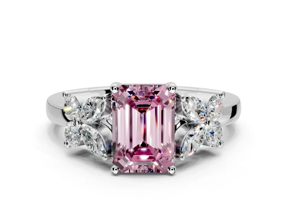 Floral Engagement Ring Setting for Fancy Pink Emerald Cut Center with Marquise Cluster Shoulders and Prong Head in Platinum