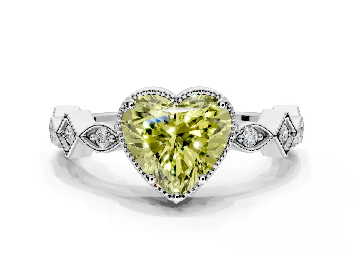 Milgrain Bezel Engagement Ring Setting for Fancy Yellow Heart-Shaped Center with Marquise Stations and Bezel Head in Platinum