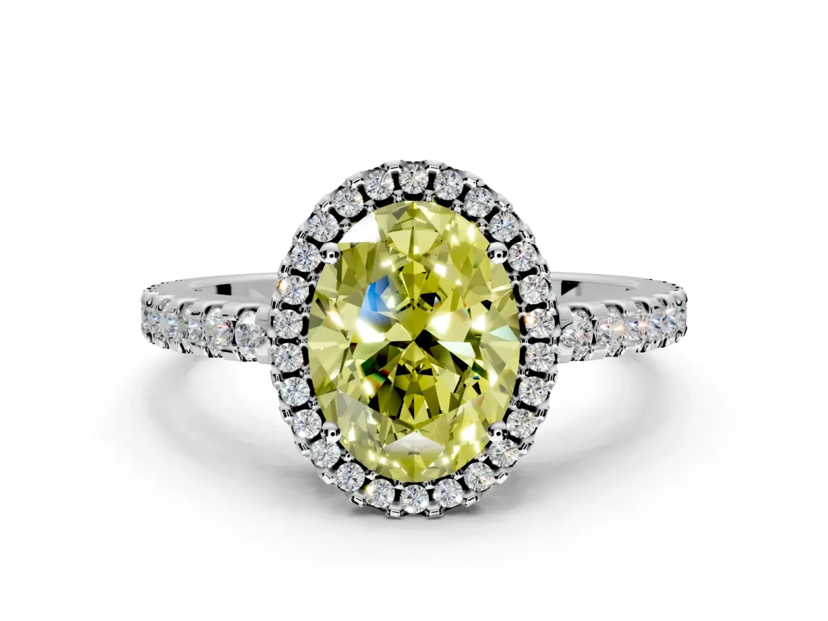 Accent Halo Engagement Ring Setting for Fancy Yellow Oval Center with Full-Length Pave Band and Prong Head in Sterling Silver