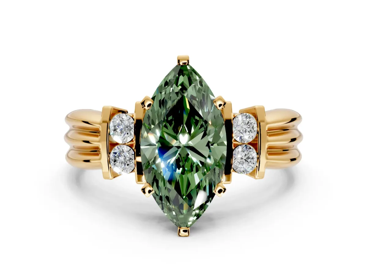 Solitaire Engagement Ring Setting for Fancy Green Marquise Center with Grooved Bar Accent Band and Prong Head in Yellow Gold