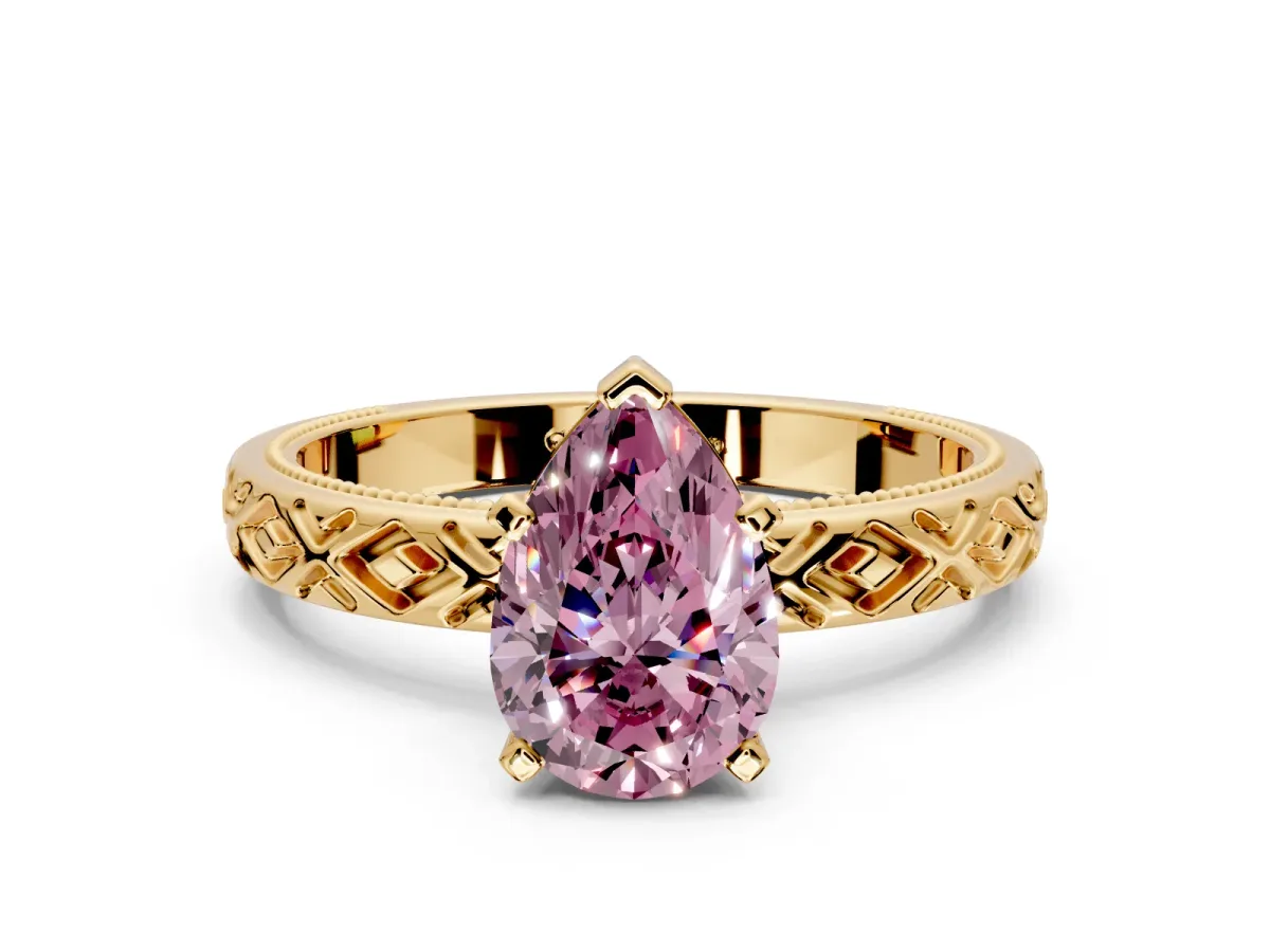 Solitaire Engagement Ring Setting for Fancy Pink Pear-Shaped Center with Milgrain X Pattern Band and Prong Head in Yellow Gold