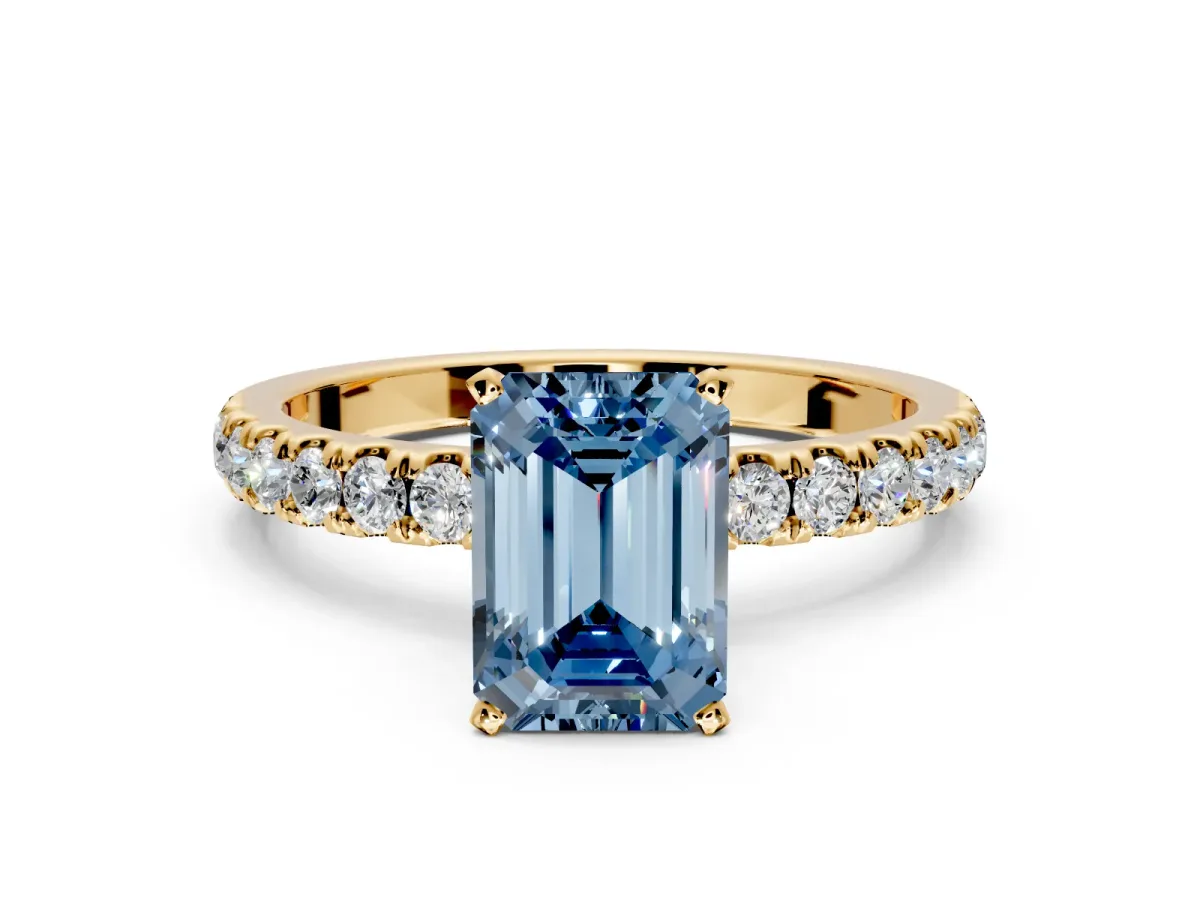 Open Basket Engagement Ring Setting for Fancy Blue Emerald Cut Center with Pave Band and Prong Head in Yellow Gold