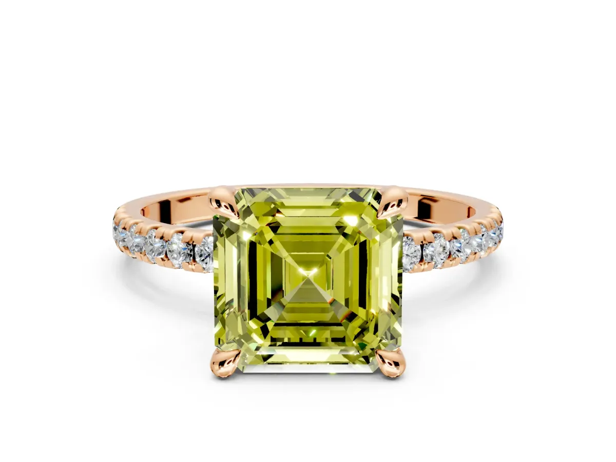 Solitaire Engagement Ring Setting for Fancy Yellow Asscher Cut Center with Fine Pave Narrow Band and Prong Head in Rose Gold