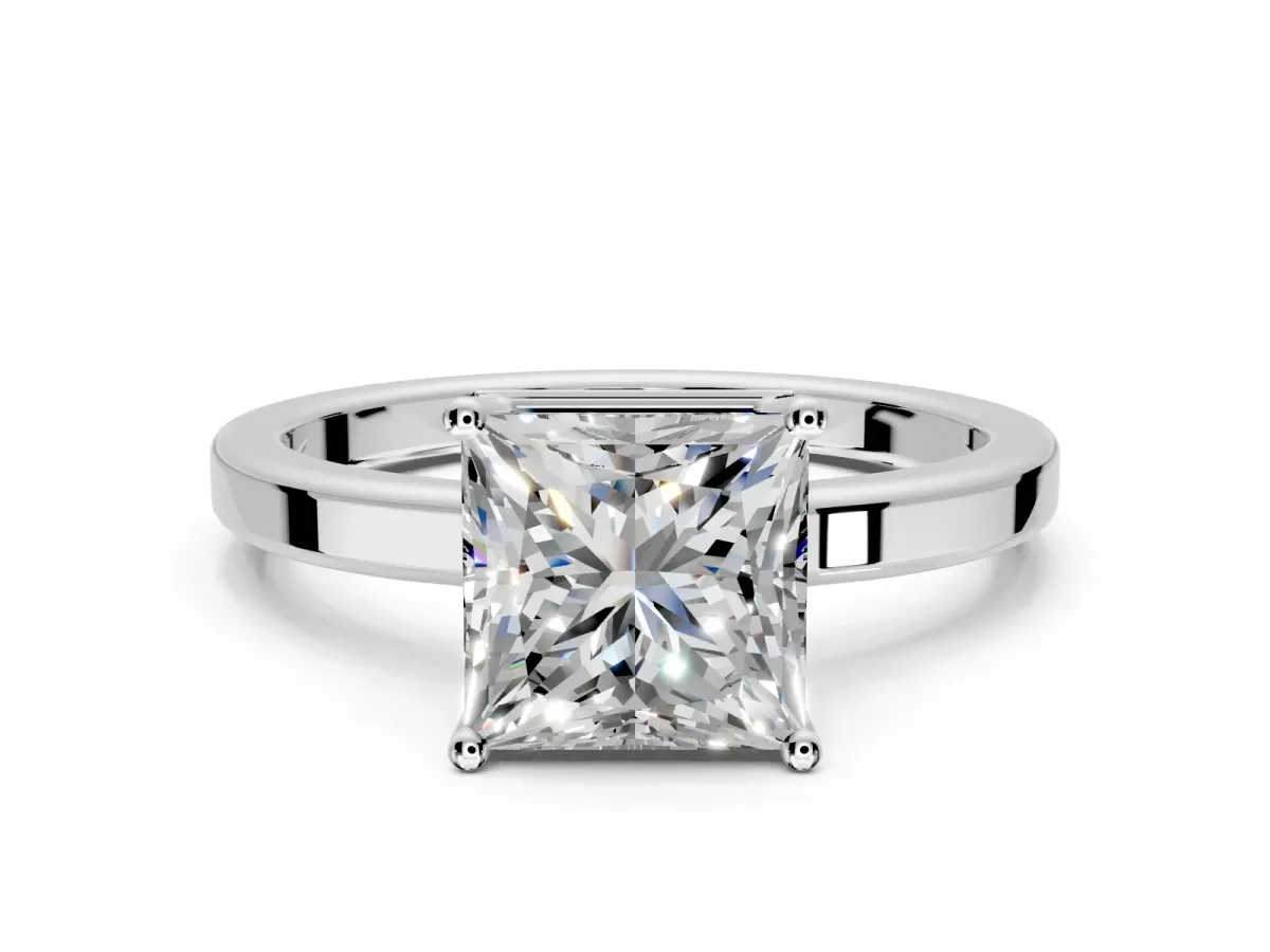 Hidden Halo Engagement Ring Setting for Princess Cut Center with Wide Flat Plain Band and Prong Head in White Gold