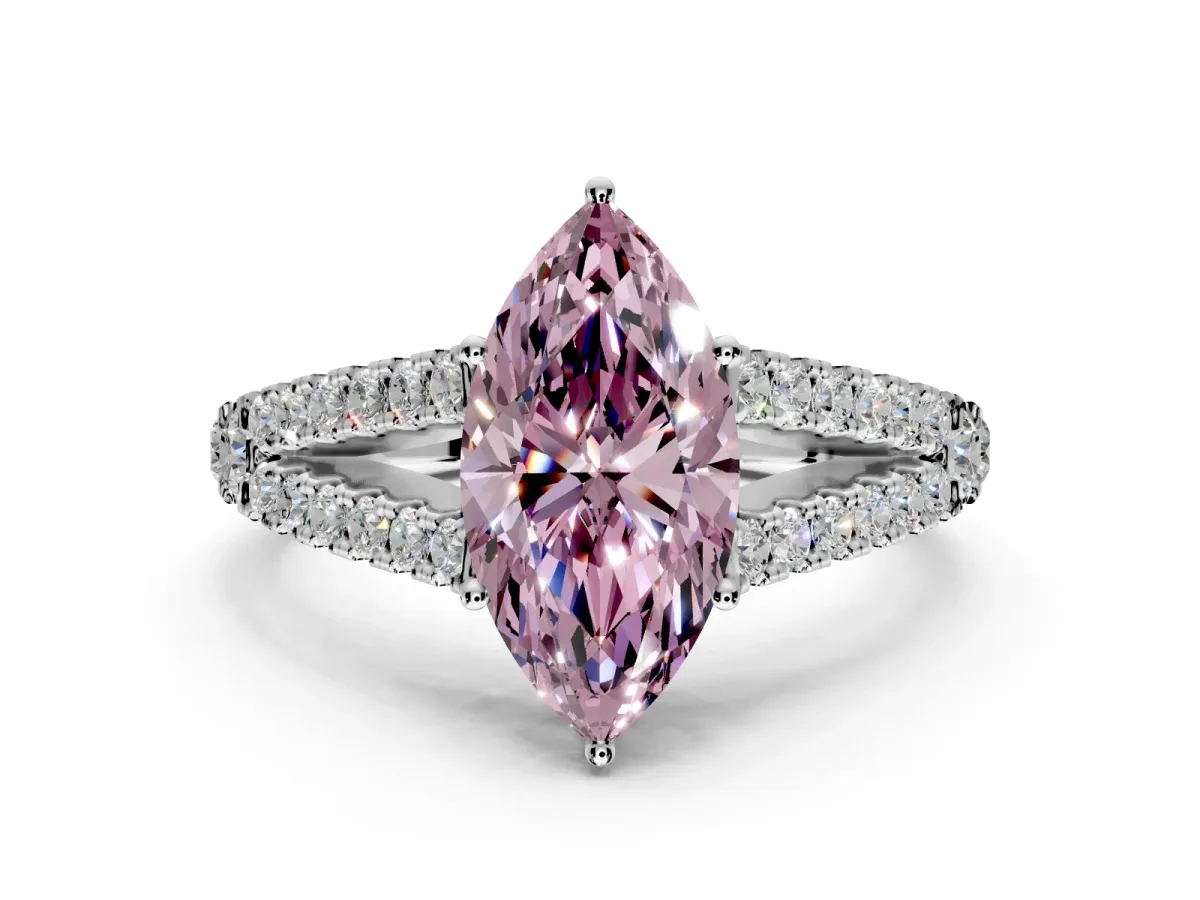 Solitaire Engagement Ring Setting for Fancy Pink Marquise Center with Pave Split Shank and Prong Head in White Gold