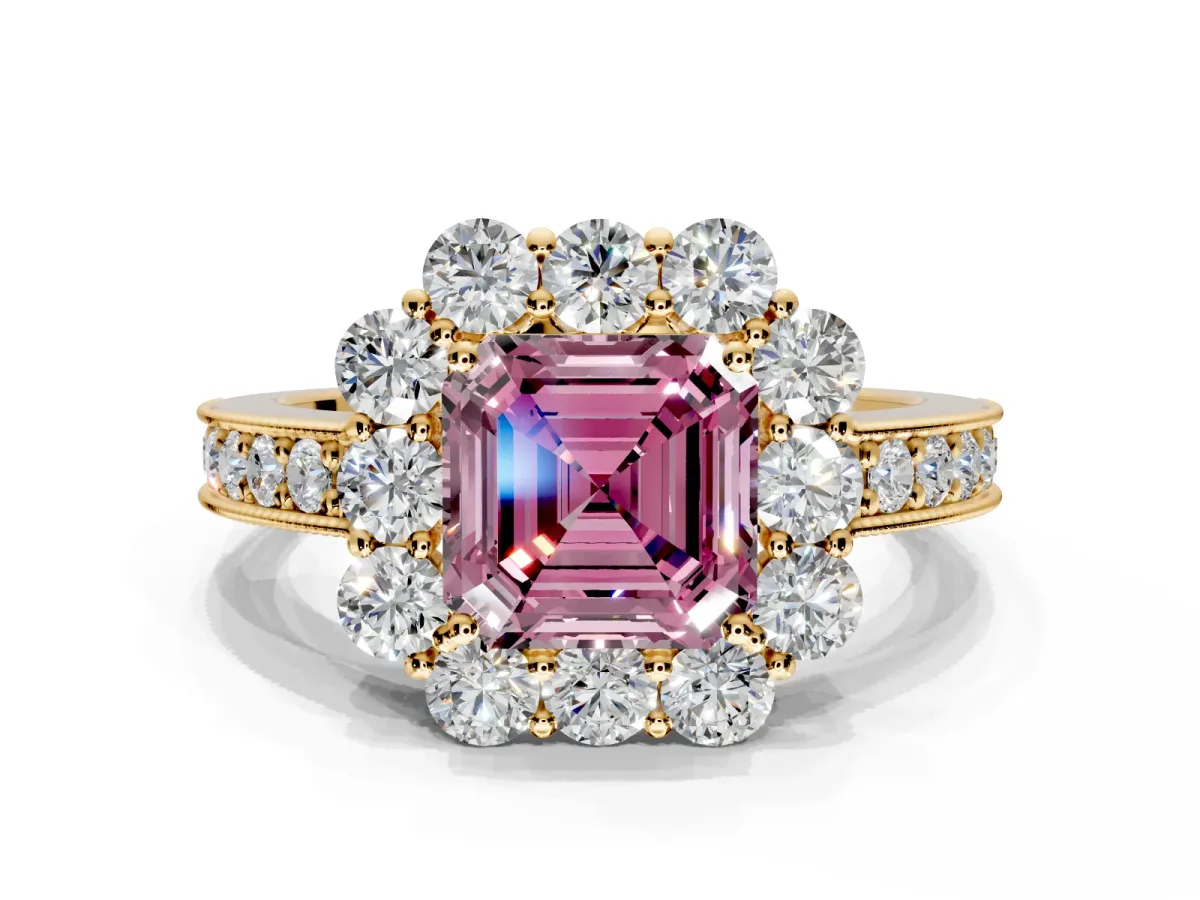 Halo Engagement Ring Setting for Fancy Pink Asscher Cut Center with Milgrain Channel Band and Prong Head in Yellow Gold