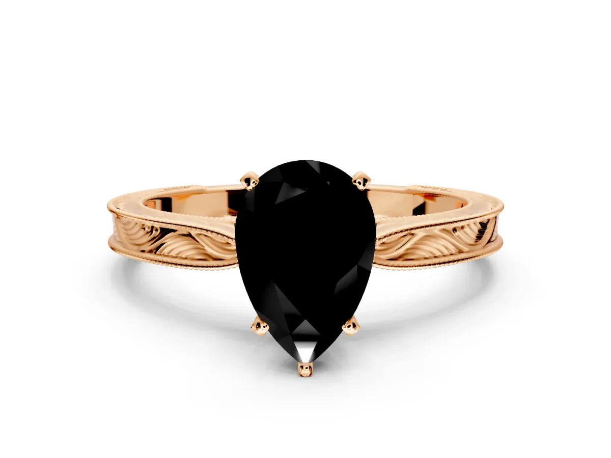Solitaire Engagement Ring Setting for Fancy Black Pear-Shaped Center with Engraved Milgrain Band and Prong Head in Rose Gold