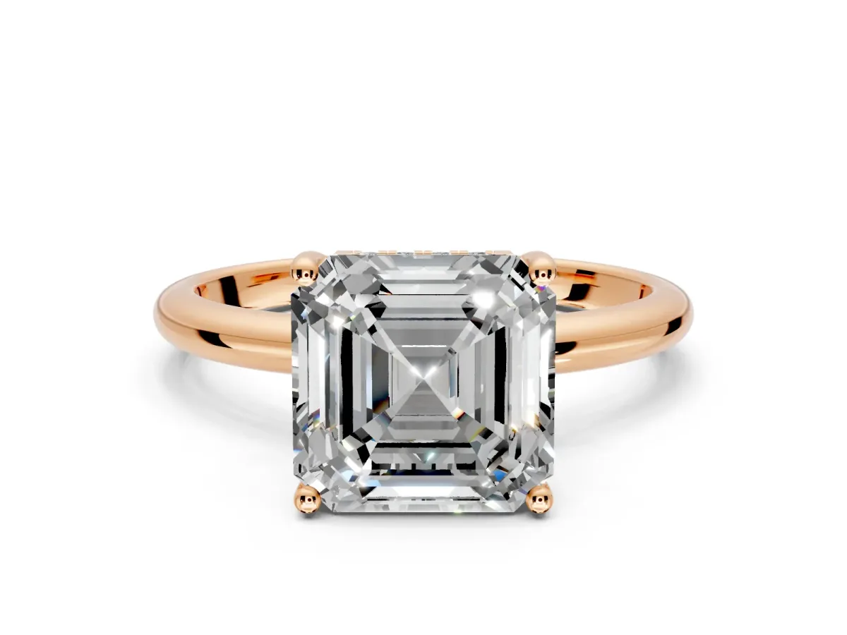 Hidden Halo Engagement Ring Setting for Asscher Cut Center with Thin Round-Wire Band and Prong Head in Rose Gold
