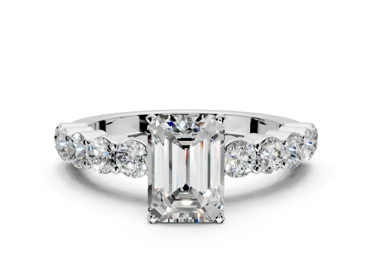 Shared-Prong Engagement Ring Setting for Emerald Cut Center with Graduated Accents and Prong Head in Platinum